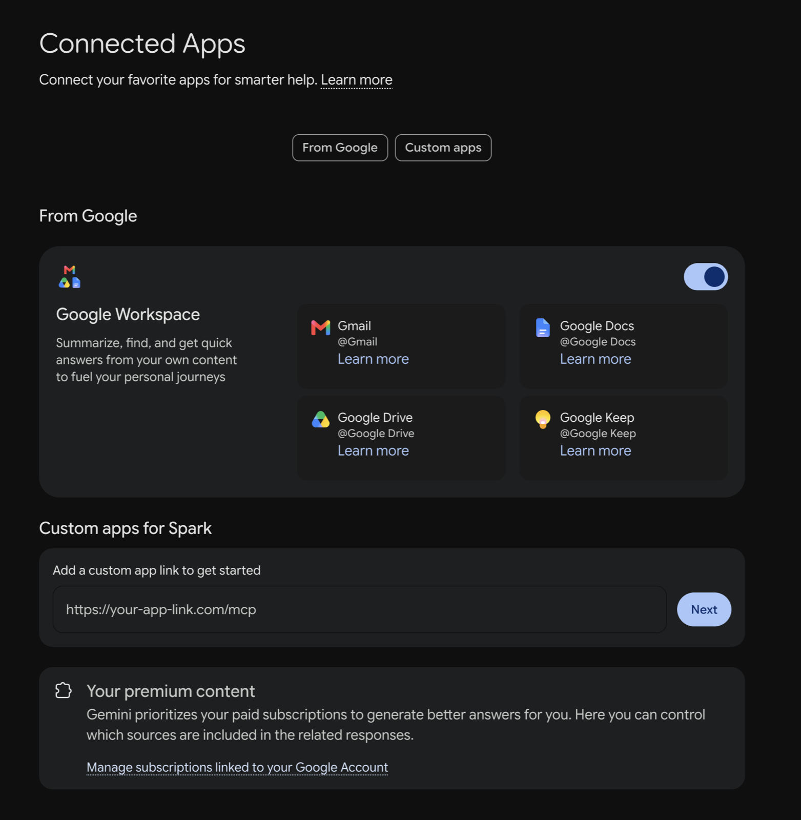 A major AI assistant's Connected Apps screen — add a custom app link ending in /mcp to connect it.