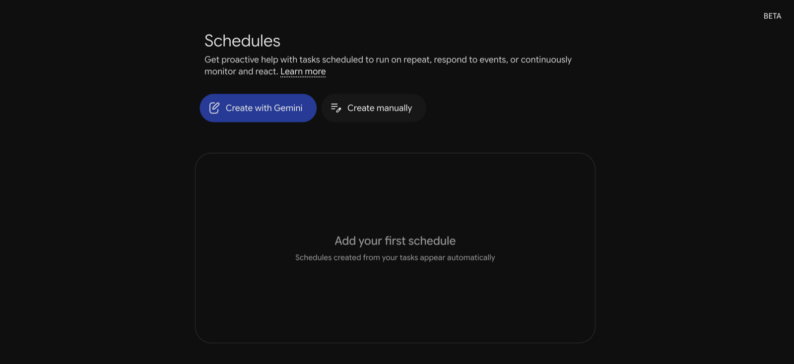 A major AI assistant's Schedules screen — create tasks that run on repeat, respond to events, or continuously monitor.
